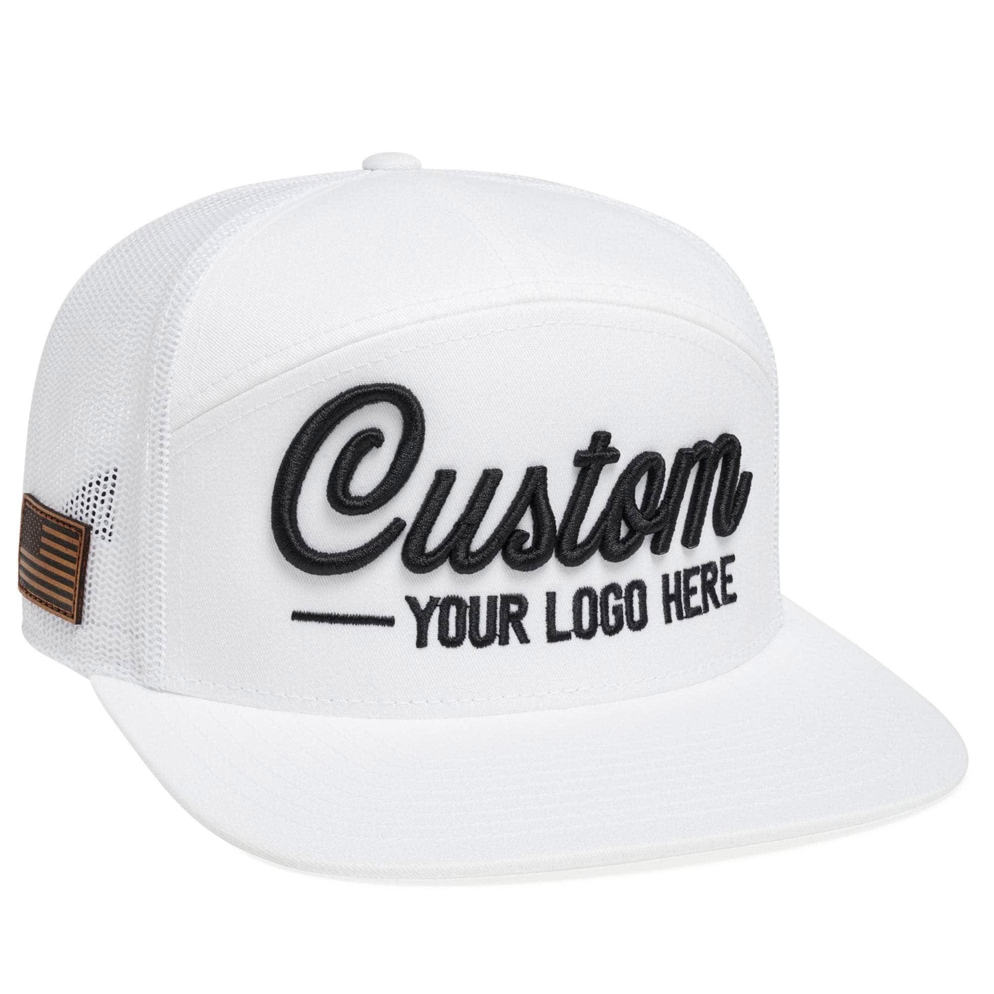 Custom white 7-panel hat with leather patch
